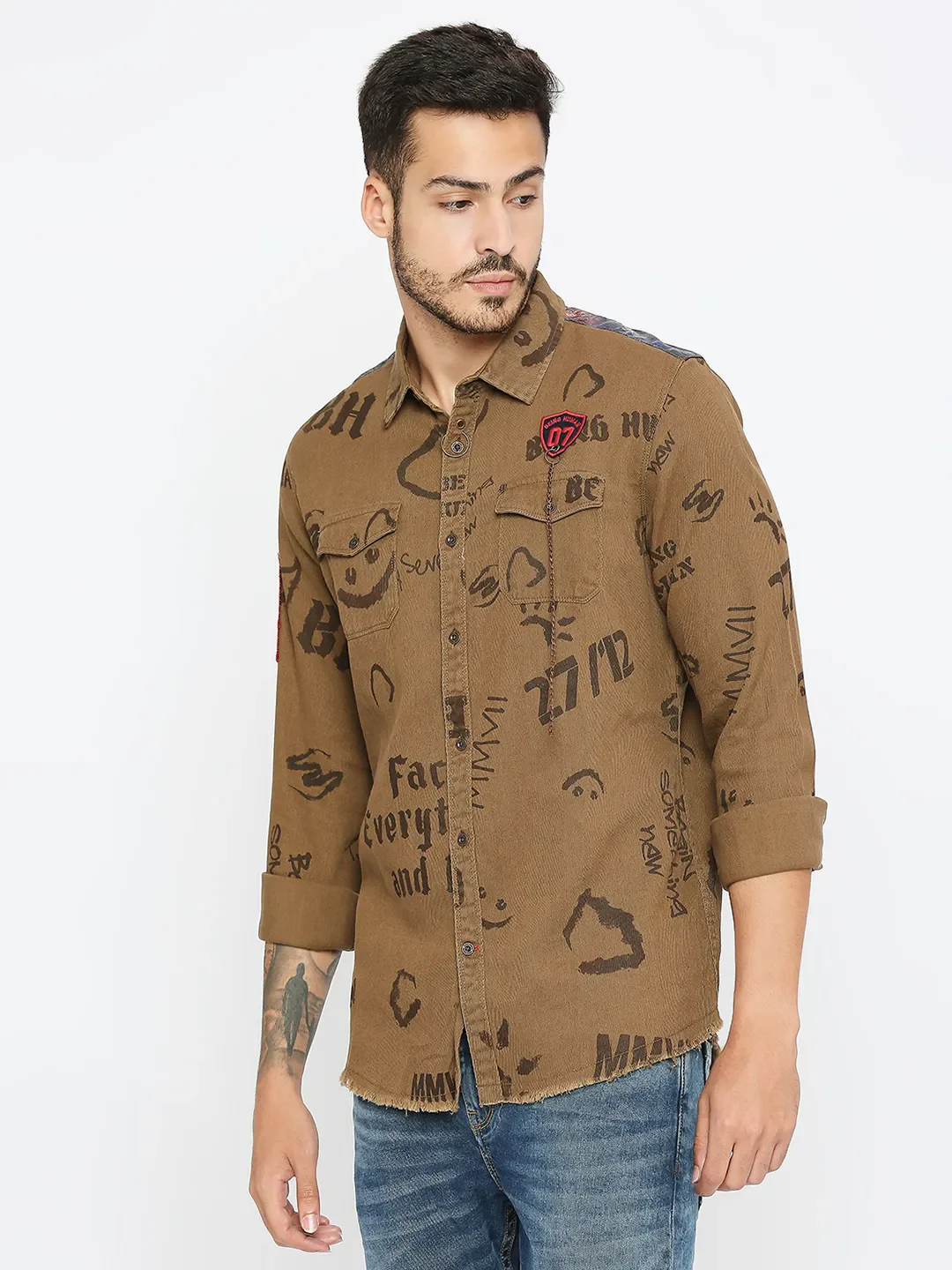 Khaki Slim Straight Fit Regular Collar Long Sleeves Men's Shirt by Being Human Clothing - Image 2