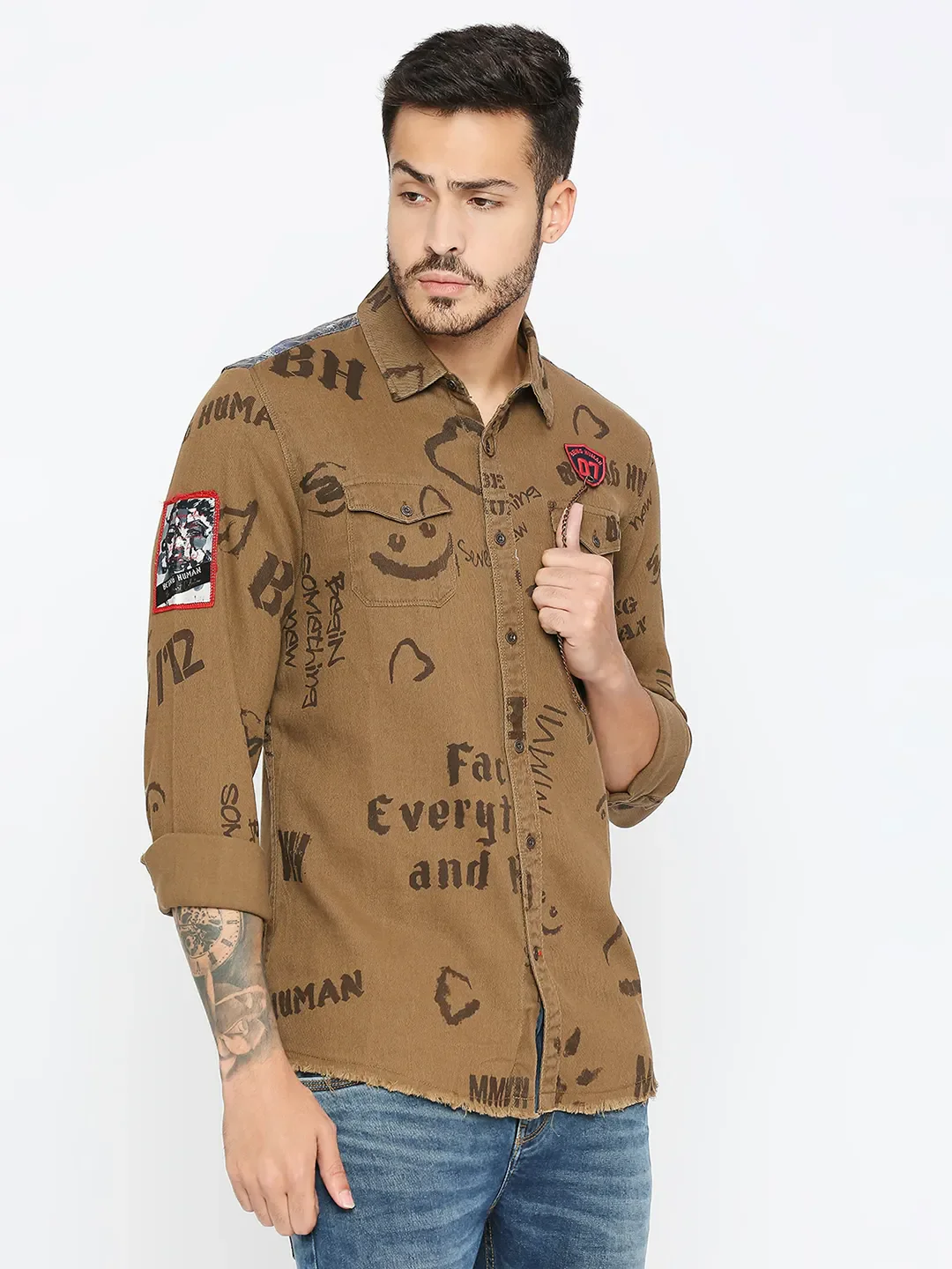 Khaki Slim Straight Fit Regular Collar Long Sleeves Men's Shirt by Being Human Clothing - Image 3