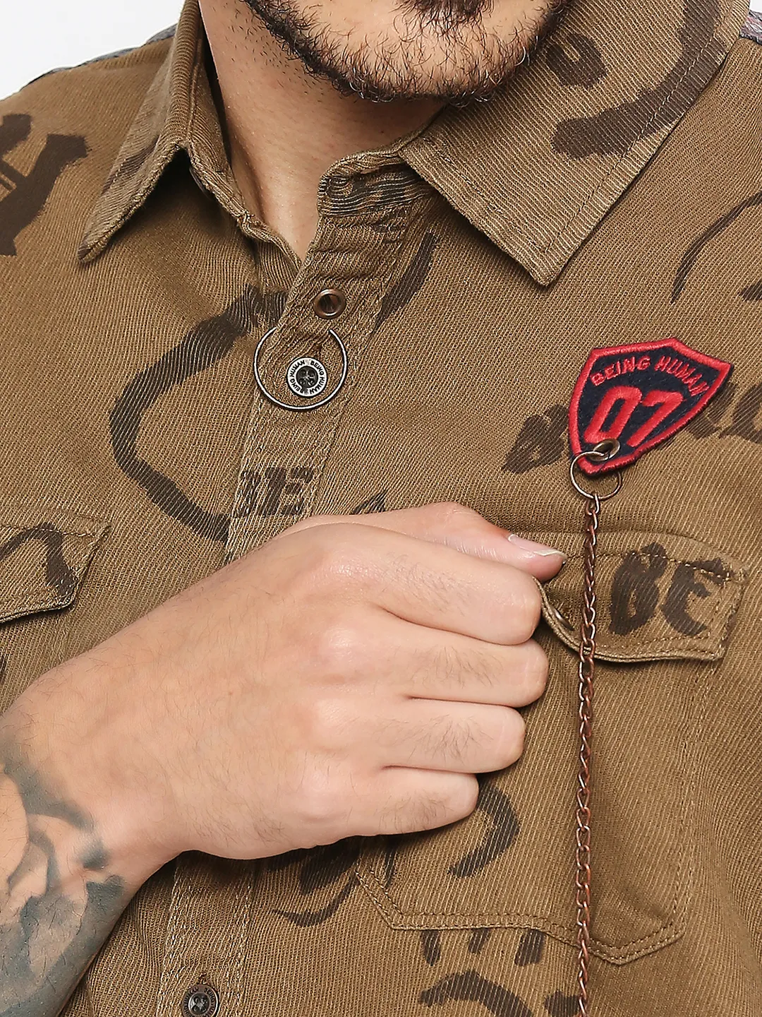 Khaki Slim Straight Fit Regular Collar Long Sleeves Men's Shirt by Being Human Clothing - Image 5