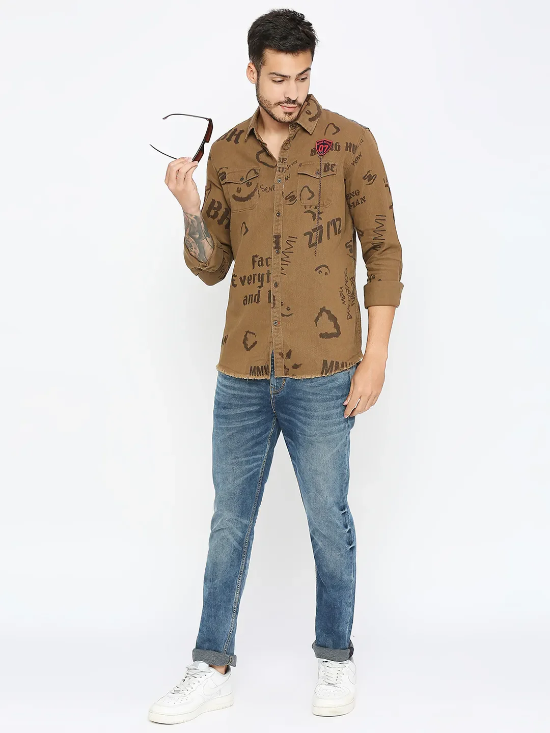 Khaki Slim Straight Fit Regular Collar Long Sleeves Men's Shirt by Being Human Clothing - Image 6