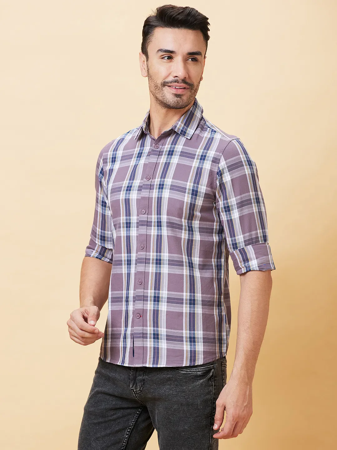 Brown Slim Straight Fit Regular Collar Long Sleeves Men's Shirt by Being Human Clothing - Image 4