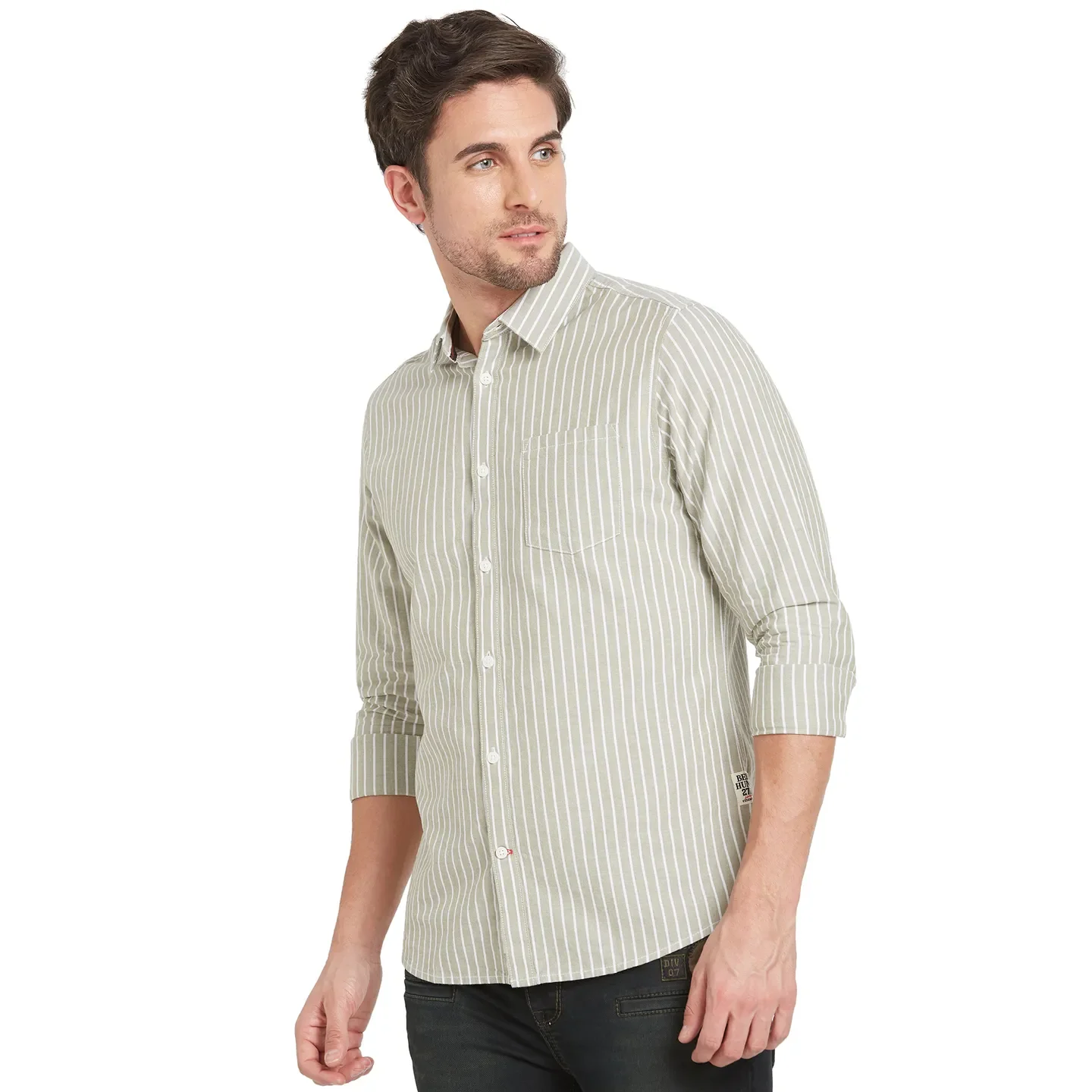 Olive Slim Straight Fit Regular Collar Long Sleeves Men's Shirt by Being Human Clothing - Image 4