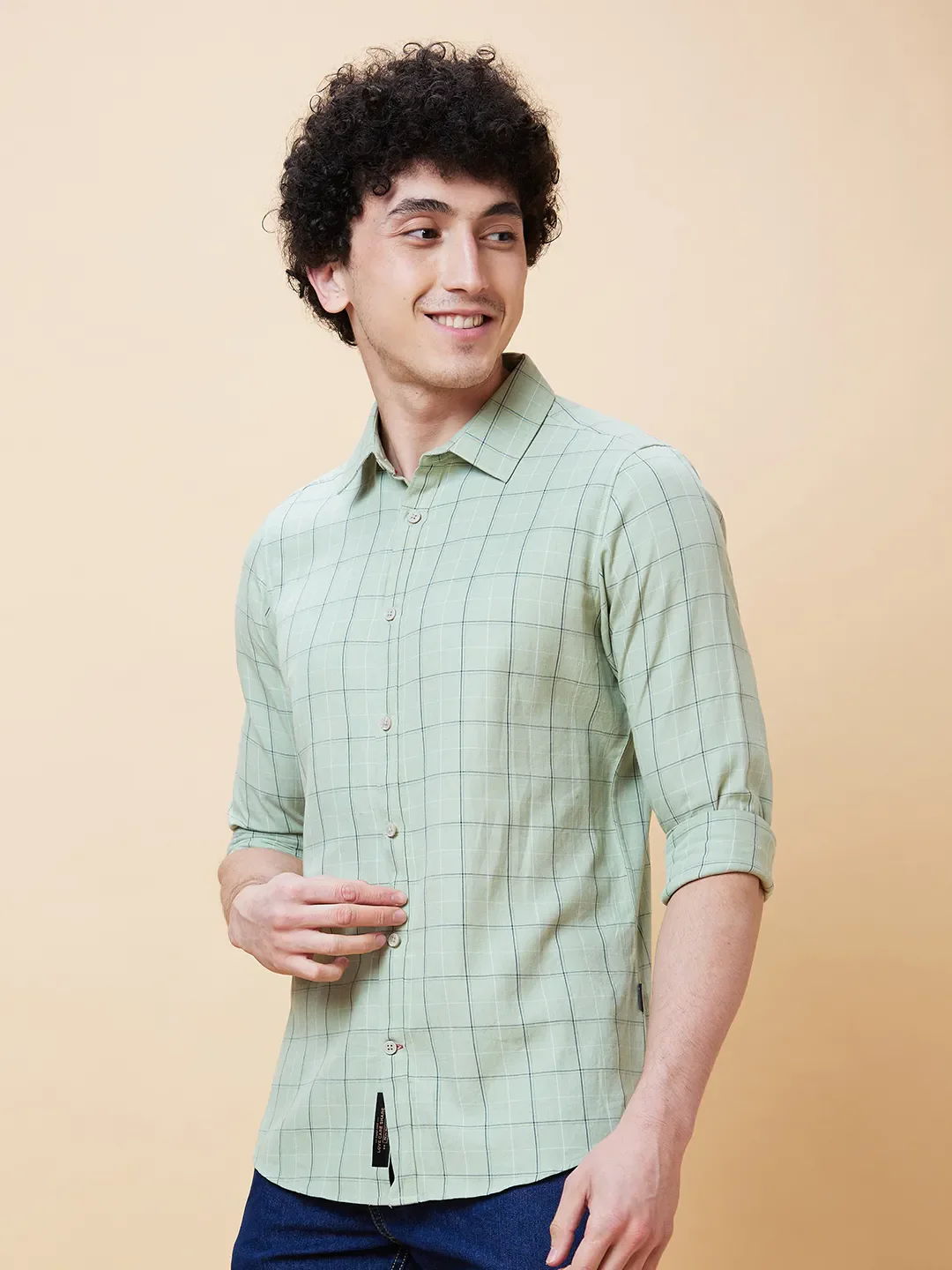 Olive Slim Straight Fit Regular Collar Long Sleeves Men's Shirt by Being Human Clothing - Image 3