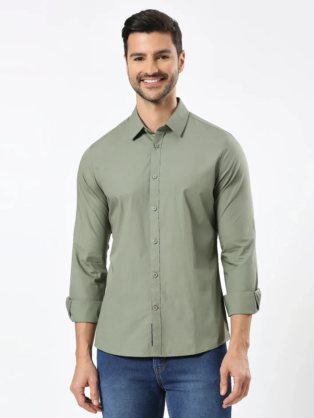 Green Slim Straight Fit Regular Collar Long Sleeves Men's Shirt by Being Human Clothing