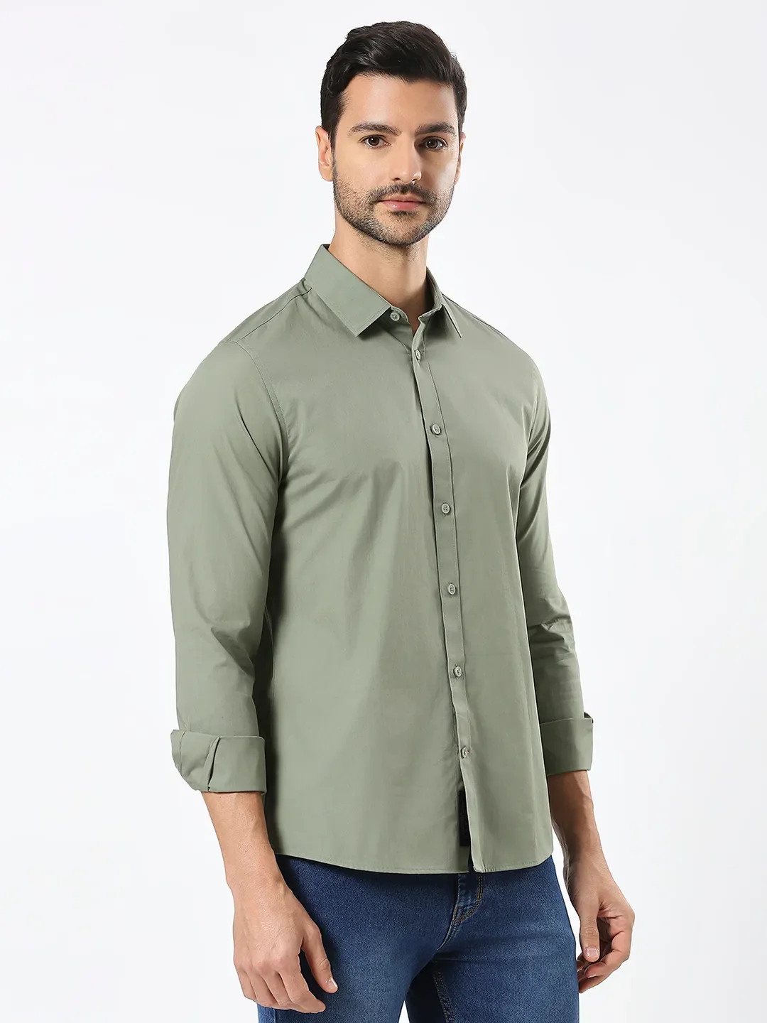 Green Slim Straight Fit Regular Collar Long Sleeves Men's Shirt by Being Human Clothing - Image 3