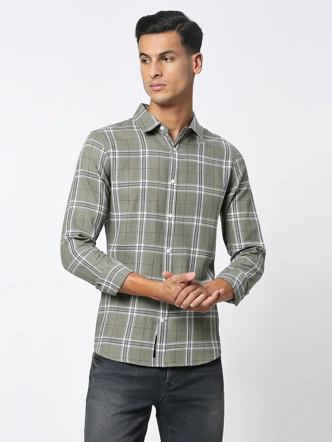 Light Olive Slim Fit Regular Collar Men's Shirt by Being Human Clothing