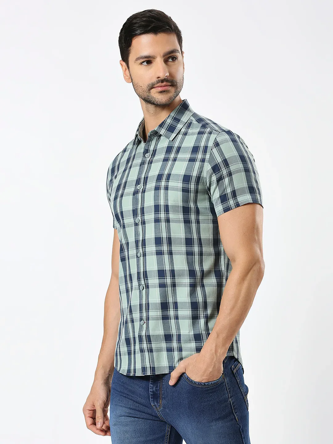Olive Slim Straight Fit Regular Collar Short Sleeves Men's Shirt by Being Human Clothing - Image 2