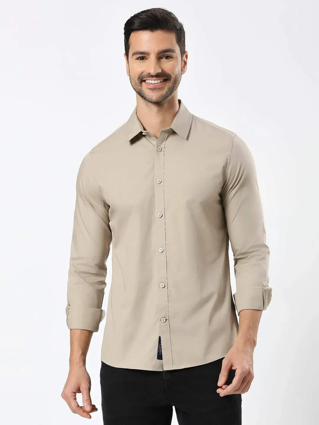 Khaki Slim Straight Fit Regular Collar Long Sleeves Men's Shirt by Being Human Clothing