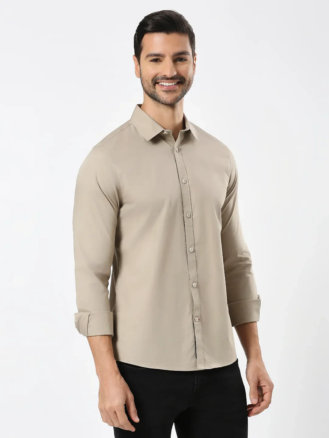 Khaki Slim Straight Fit Regular Collar Long Sleeves Men's Shirt by Being Human Clothing - Image 3