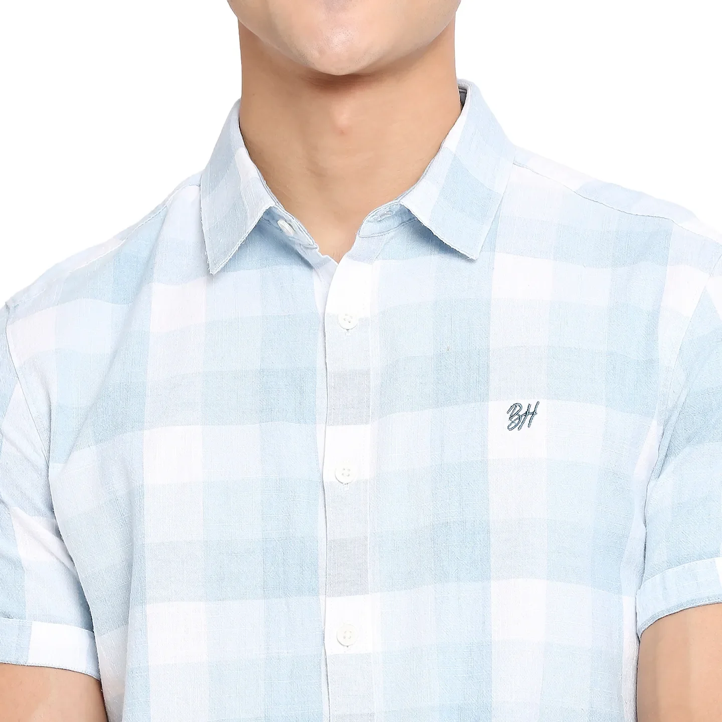 Blue Slim Straight Fit Regular Collar Short Sleeves Cotton Men's Shirt by Being Human Clothing - Image 5