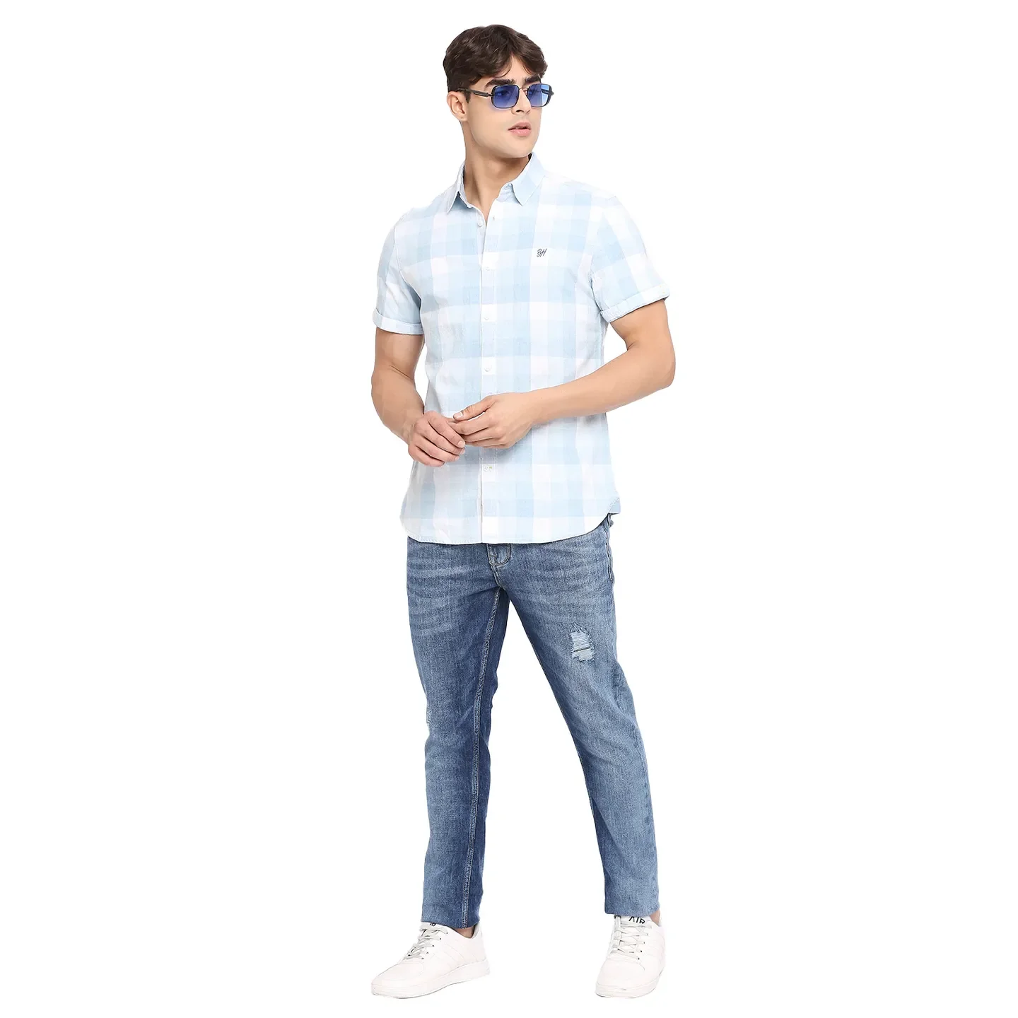 Blue Slim Straight Fit Regular Collar Short Sleeves Cotton Men's Shirt by Being Human Clothing - Image 6