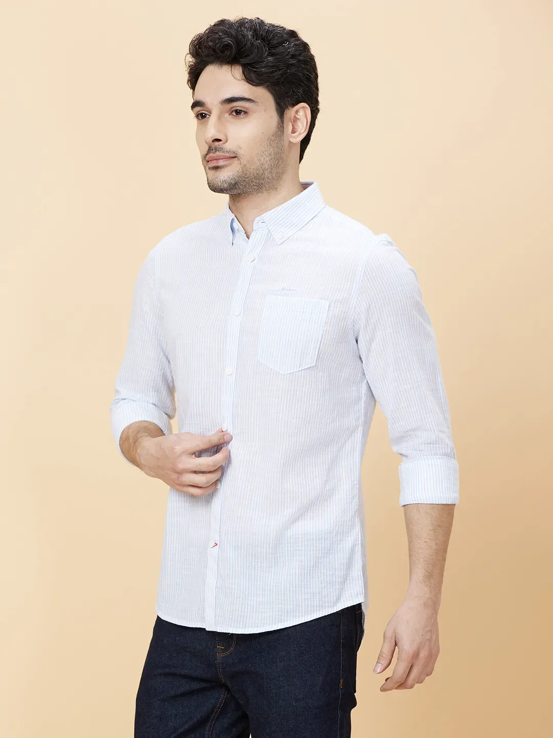 Blue Slim Straight Fit Regular Collar Long Sleeves Men's Shirt by Being Human Clothing - Image 3