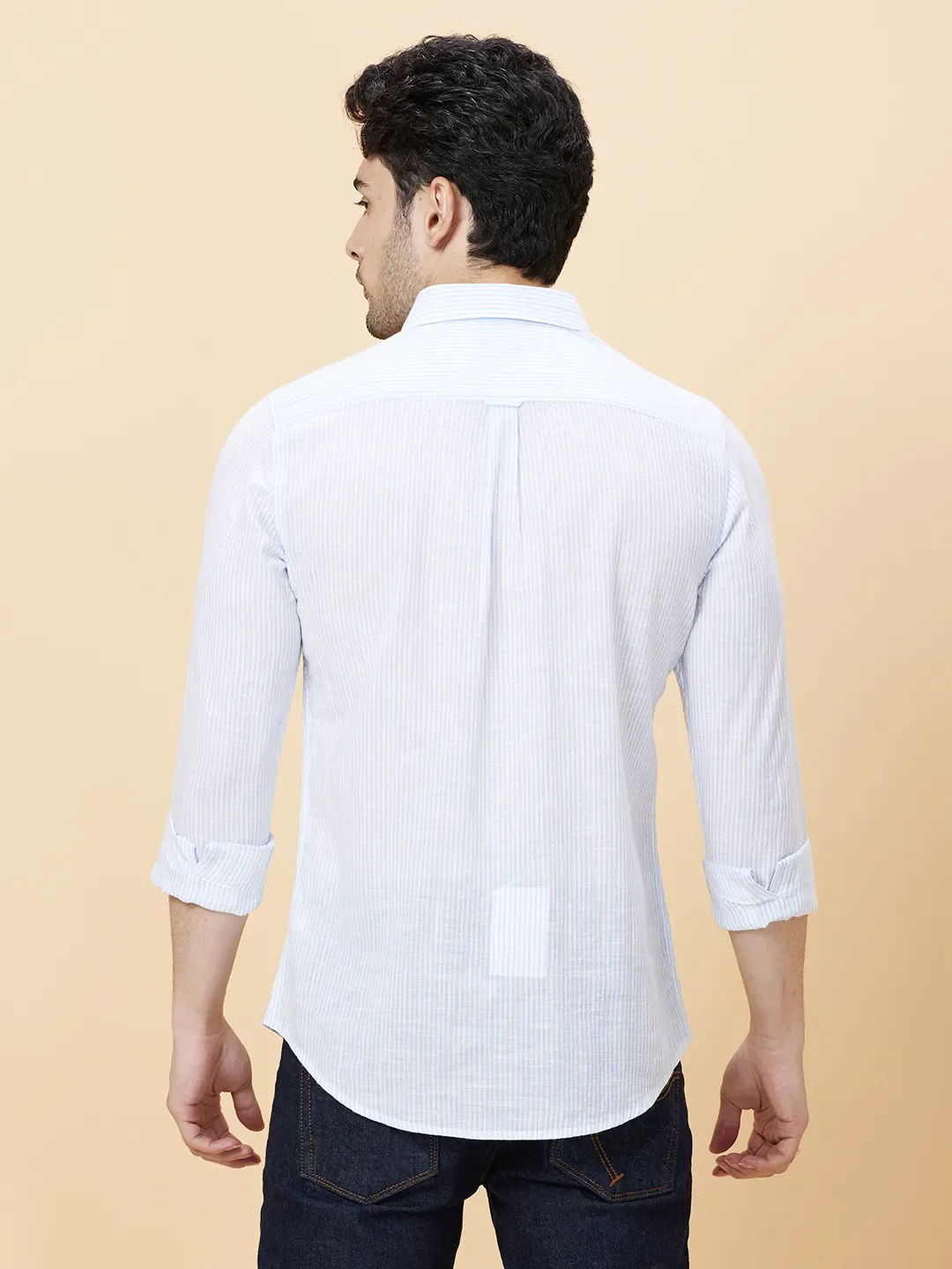 Blue Slim Straight Fit Regular Collar Long Sleeves Men's Shirt by Being Human Clothing - Image 4