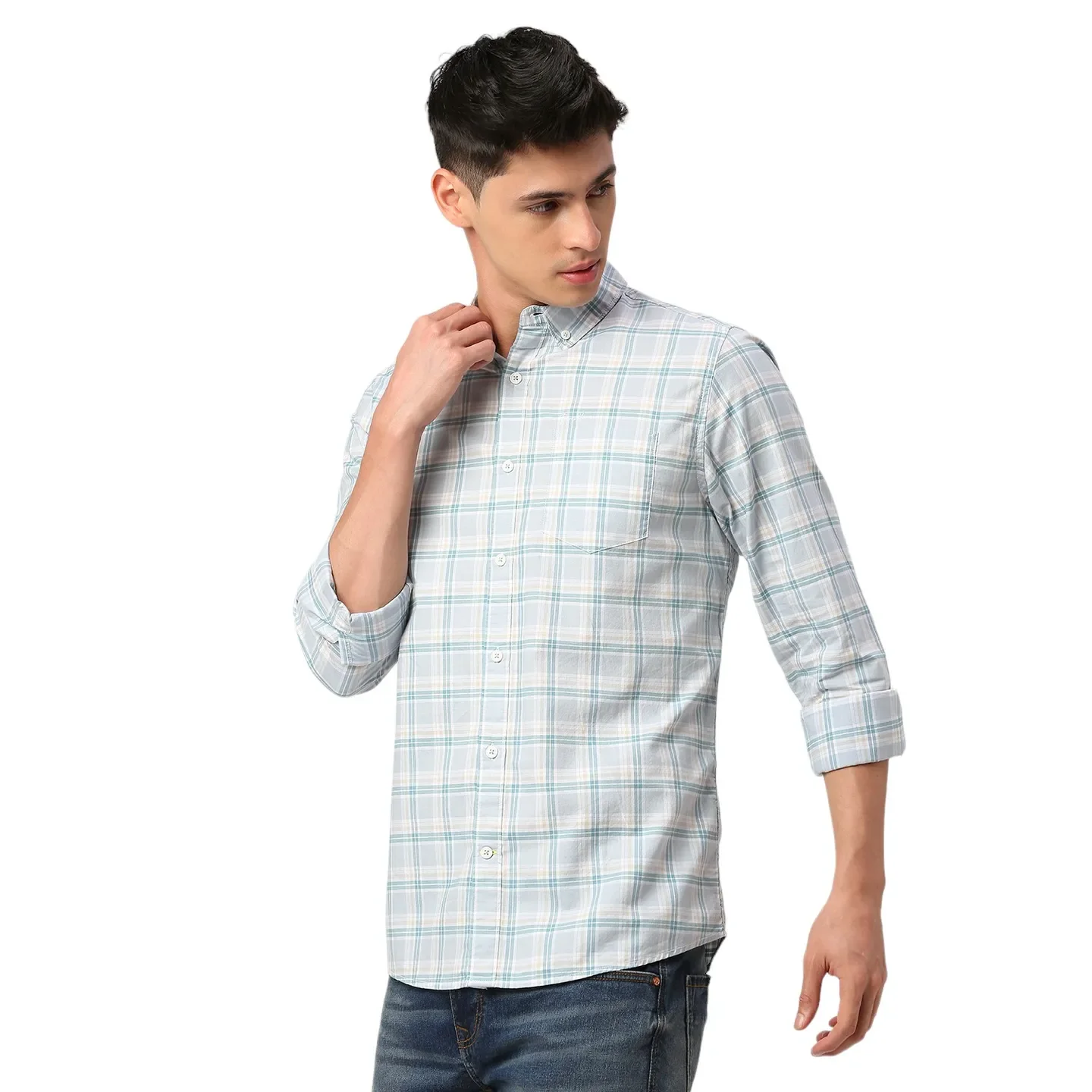 Green Slim Straight Fit Regular Collar Long Sleeves Men's Shirt by Being Human Clothing - Image 2