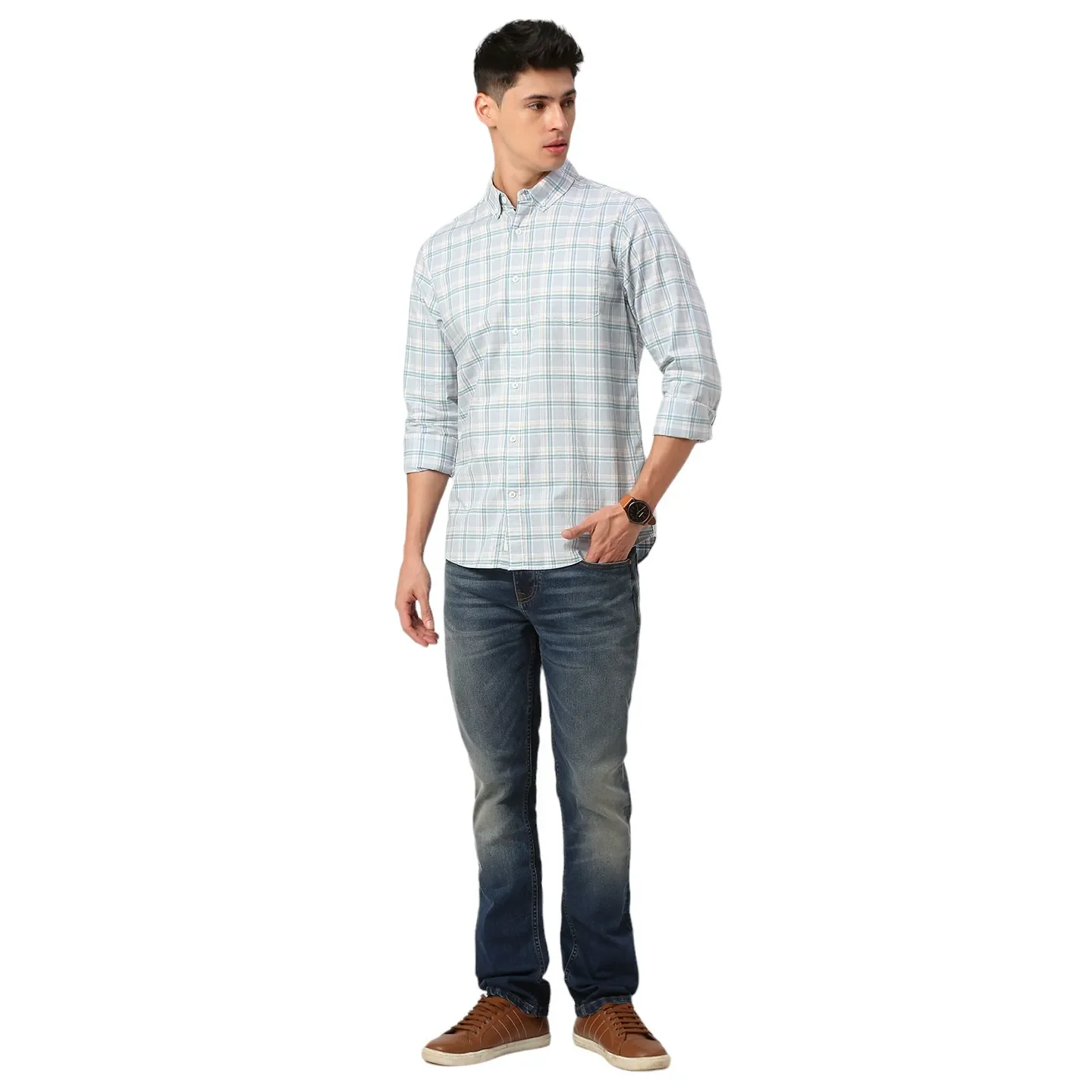 Green Slim Straight Fit Regular Collar Long Sleeves Men's Shirt by Being Human Clothing - Image 6
