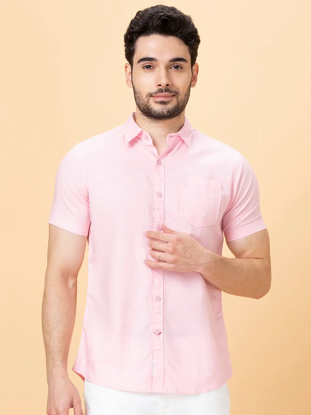 Pink Slim Straight Fit Regular Collar Short Sleeves Men's Shirt by Being Human Clothing