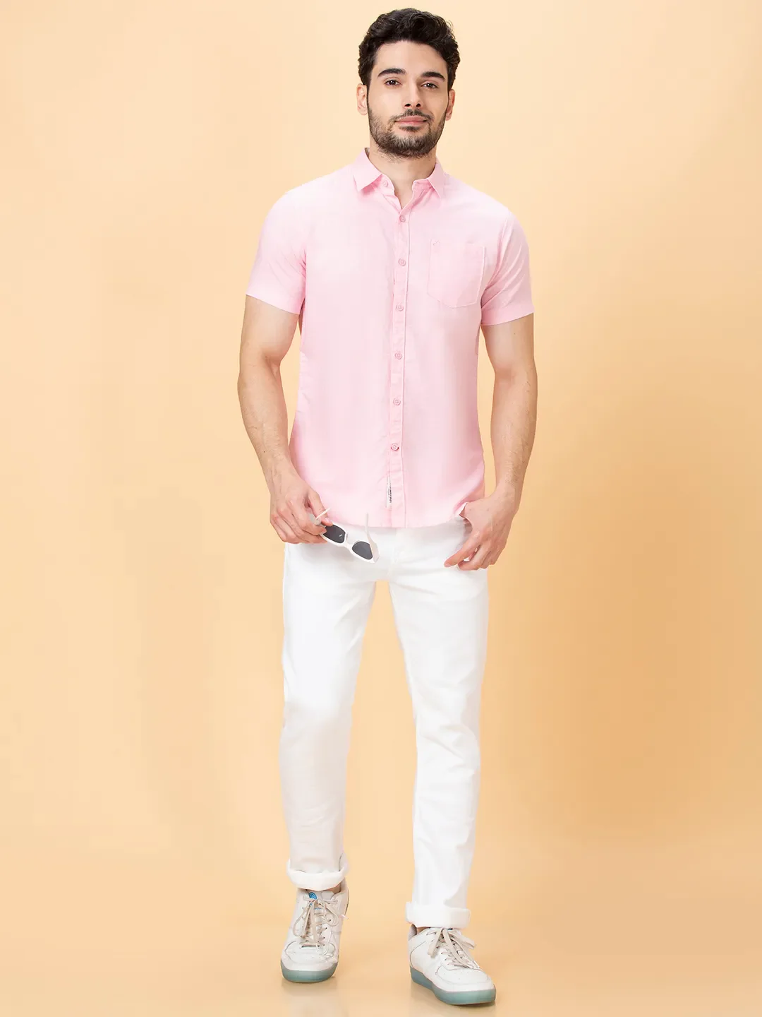 Pink Slim Straight Fit Regular Collar Short Sleeves Men's Shirt by Being Human Clothing - Image 6