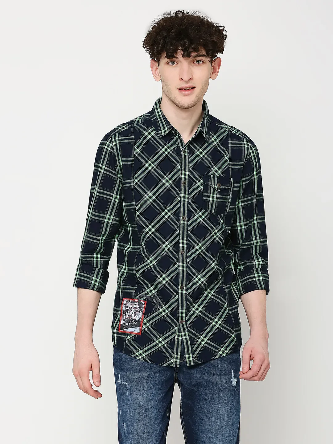 Blue Slim Straight Fit Regular Collar Long Sleeves Men's Shirt by Being Human Clothing