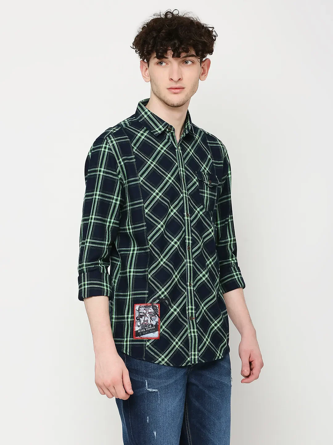 Blue Slim Straight Fit Regular Collar Long Sleeves Men's Shirt by Being Human Clothing - Image 3