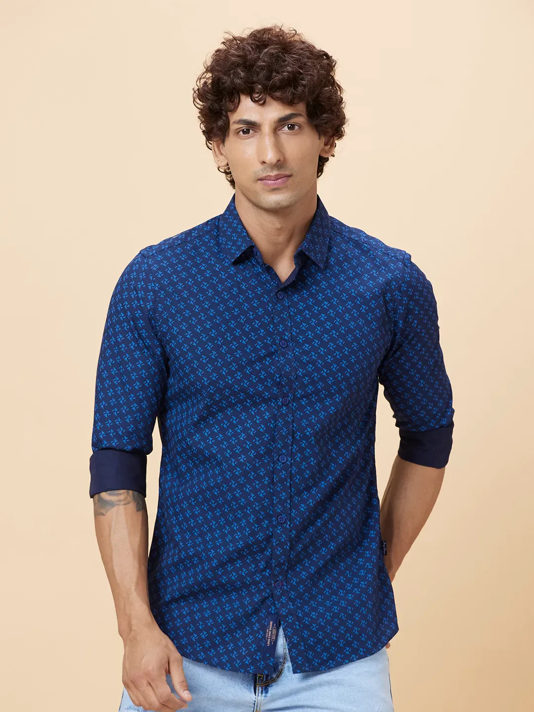 Blue Slim Straight Fit Regular Collar Long Sleeves Men's Shirt by Being Human Clothing