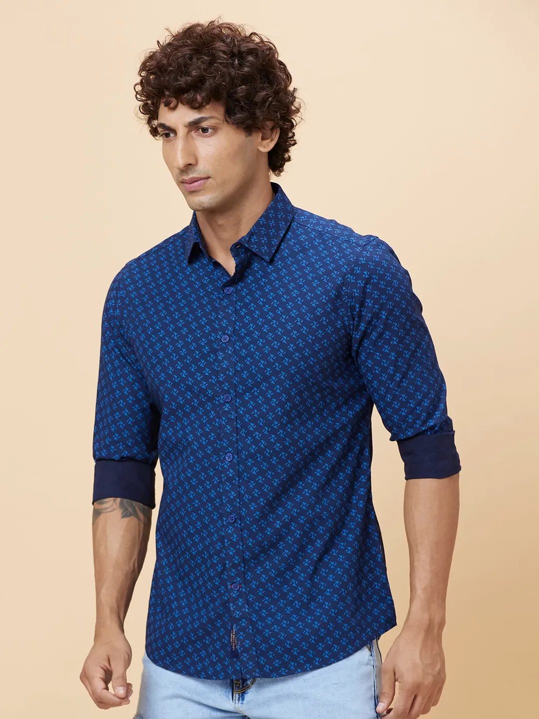 Blue Slim Straight Fit Regular Collar Long Sleeves Men's Shirt by Being Human Clothing - Image 4