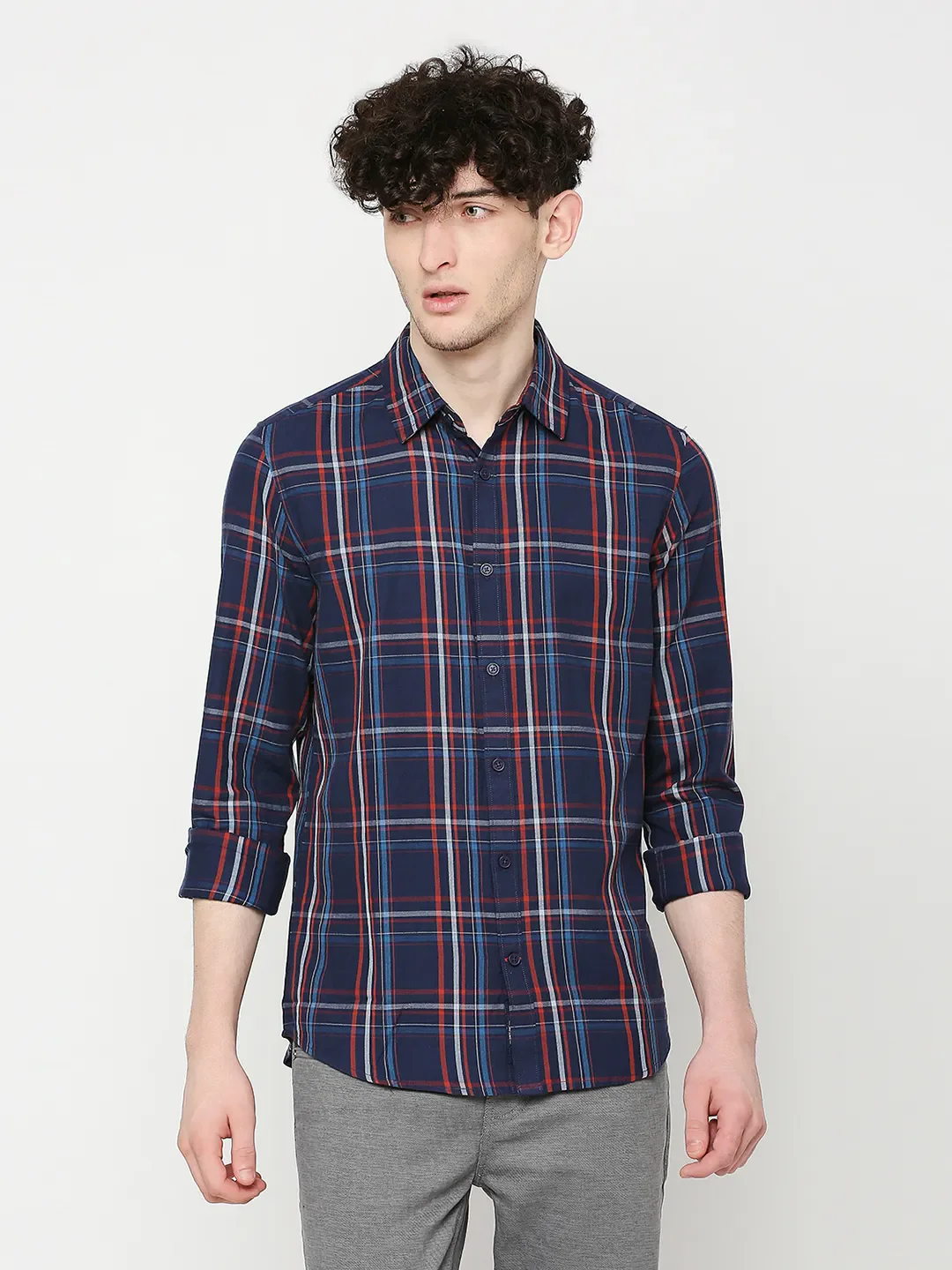 Blue Slim Straight Fit Regular Collar Long Sleeves Men's Shirt by Being Human Clothing