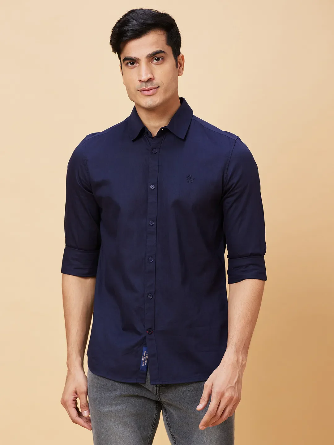 Blue Slim Straight Fit Regular Collar Long Sleeves Men's Shirt by Being Human Clothing
