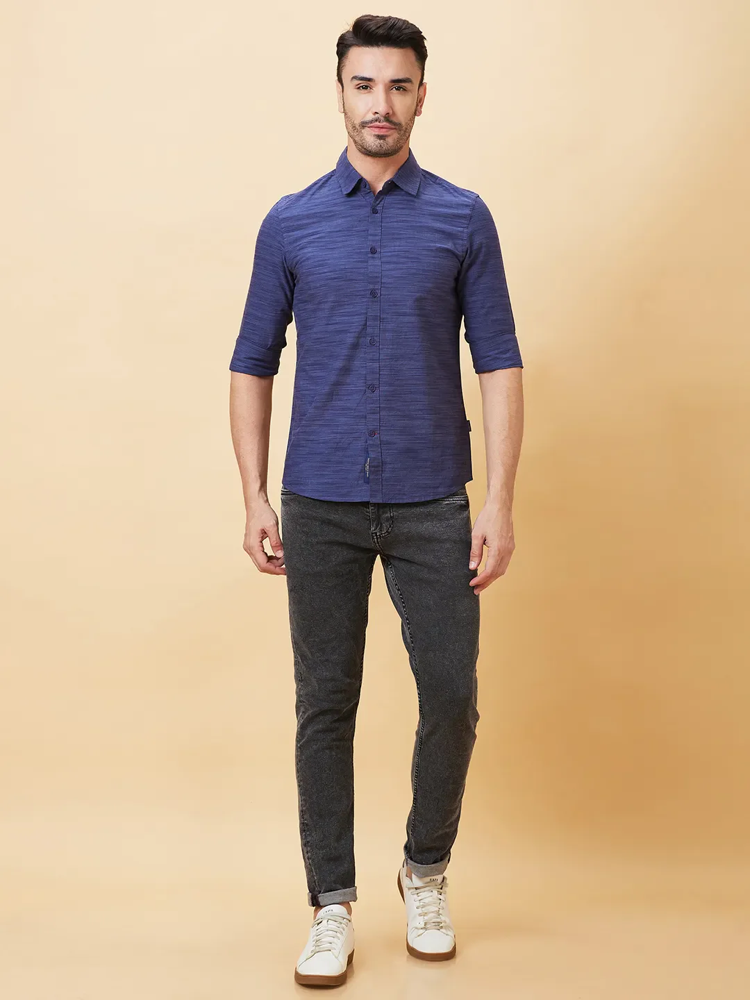 Blue Slim Straight Fit Regular Collar Long Sleeves Men's Shirt by Being Human Clothing - Image 2