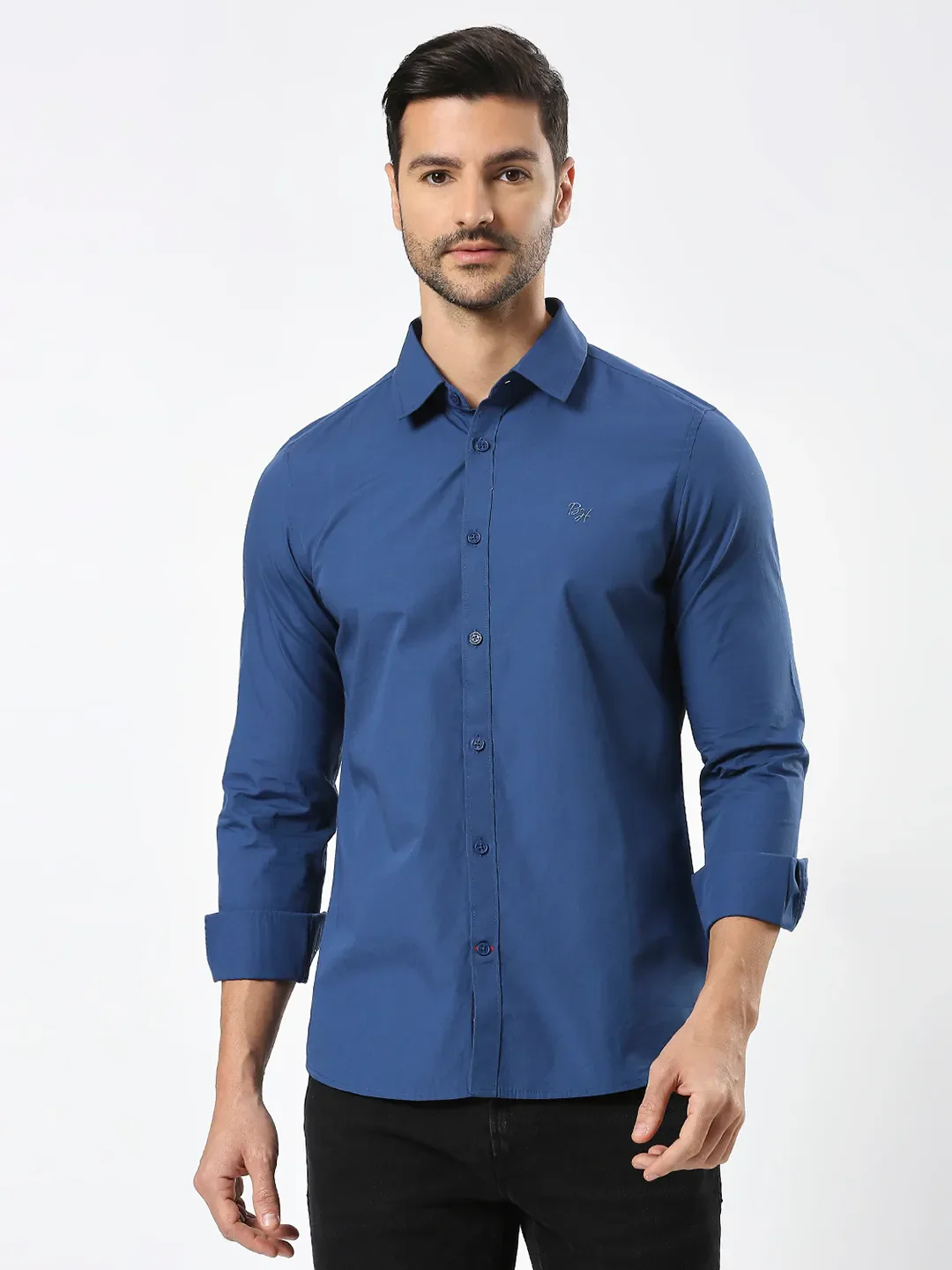 Blue Slim Straight Fit Regular Collar Long Sleeves Men's Shirt by Being Human Clothing