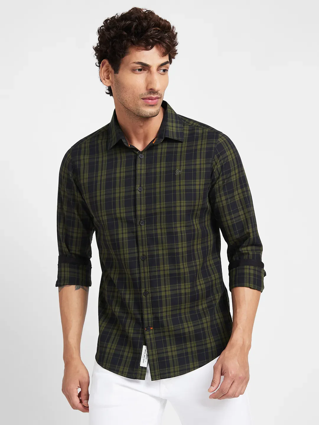 Olive Slim Straight Fit Regular Collar Long Sleeves Men's Shirt by Being Human Clothing