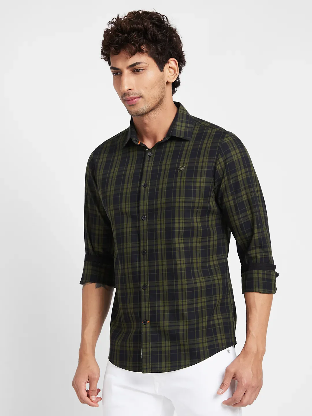 Olive Slim Straight Fit Regular Collar Long Sleeves Men's Shirt by Being Human Clothing - Image 3