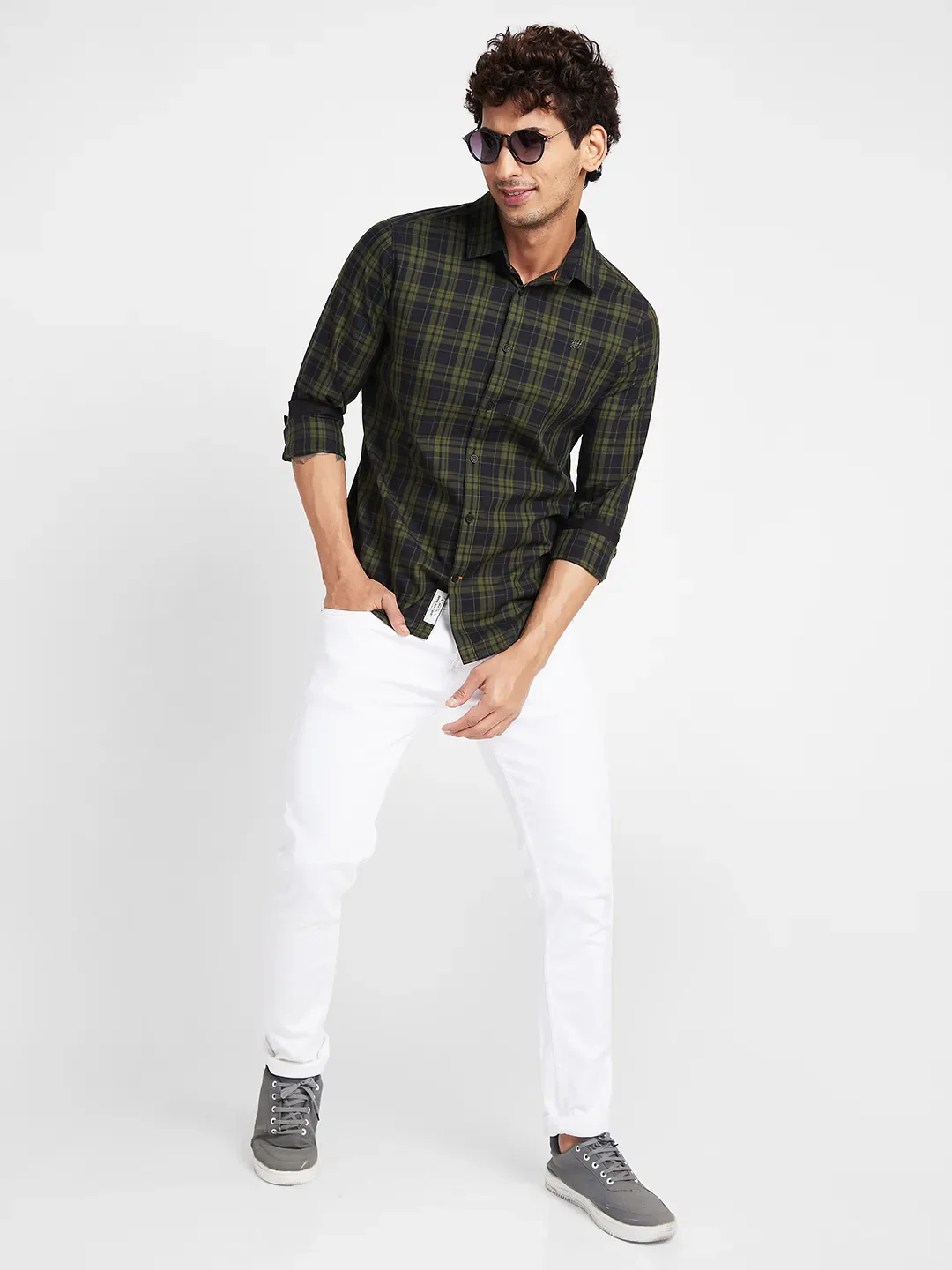 Olive Slim Straight Fit Regular Collar Long Sleeves Men's Shirt by Being Human Clothing - Image 6