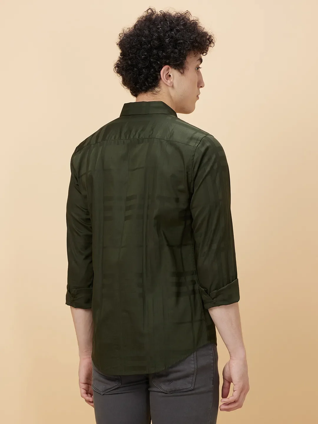 Olive Slim Straight Fit Regular Collar Long Sleeves Men's Shirt by Being Human Clothing - Image 4
