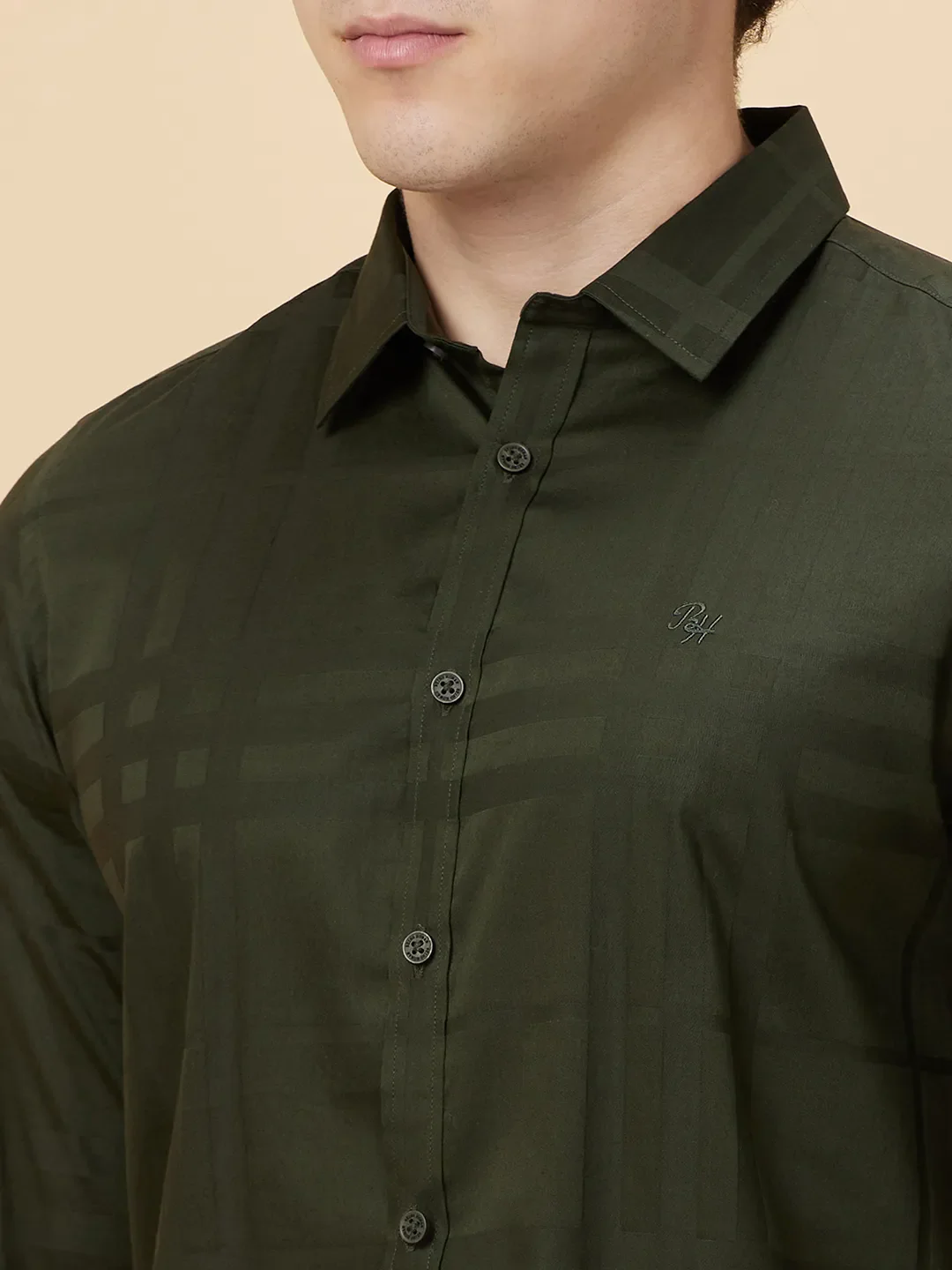 Olive Slim Straight Fit Regular Collar Long Sleeves Men's Shirt by Being Human Clothing - Image 5