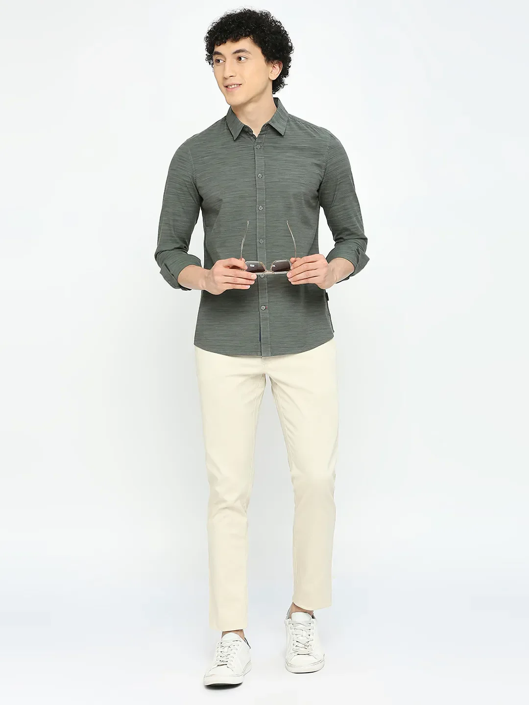 Olive Slim Straight Fit Regular Collar Long Sleeves Men's Shirt by Being Human Clothing - Image 6