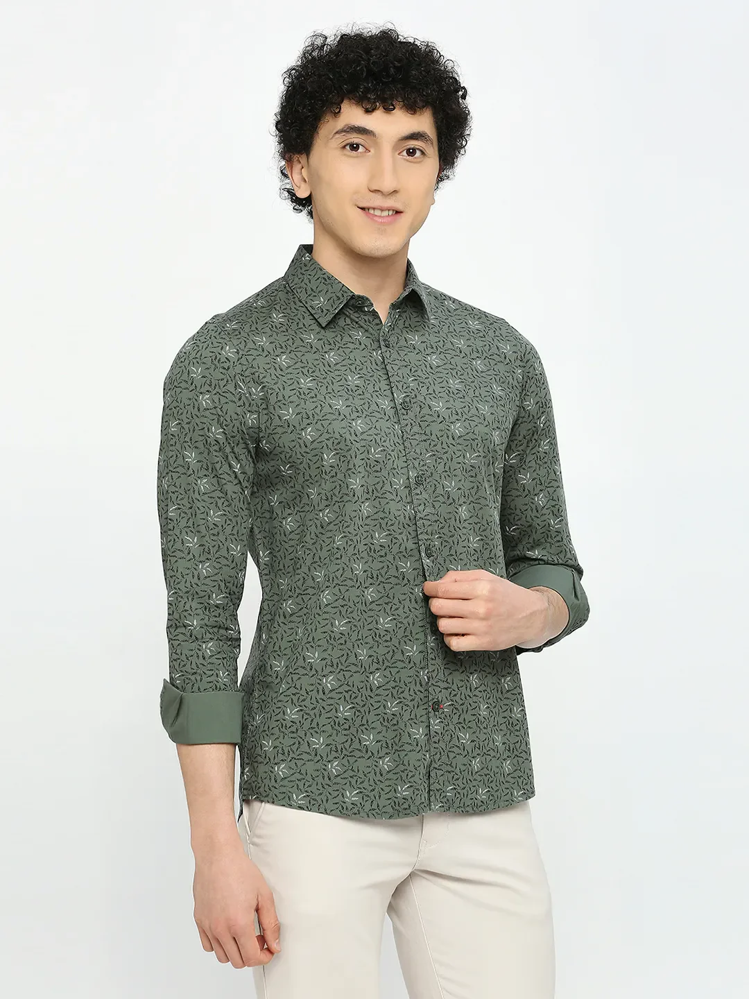 Olive Slim Straight Fit Regular Collar Long Sleeves Men's Shirt by Being Human Clothing - Image 3