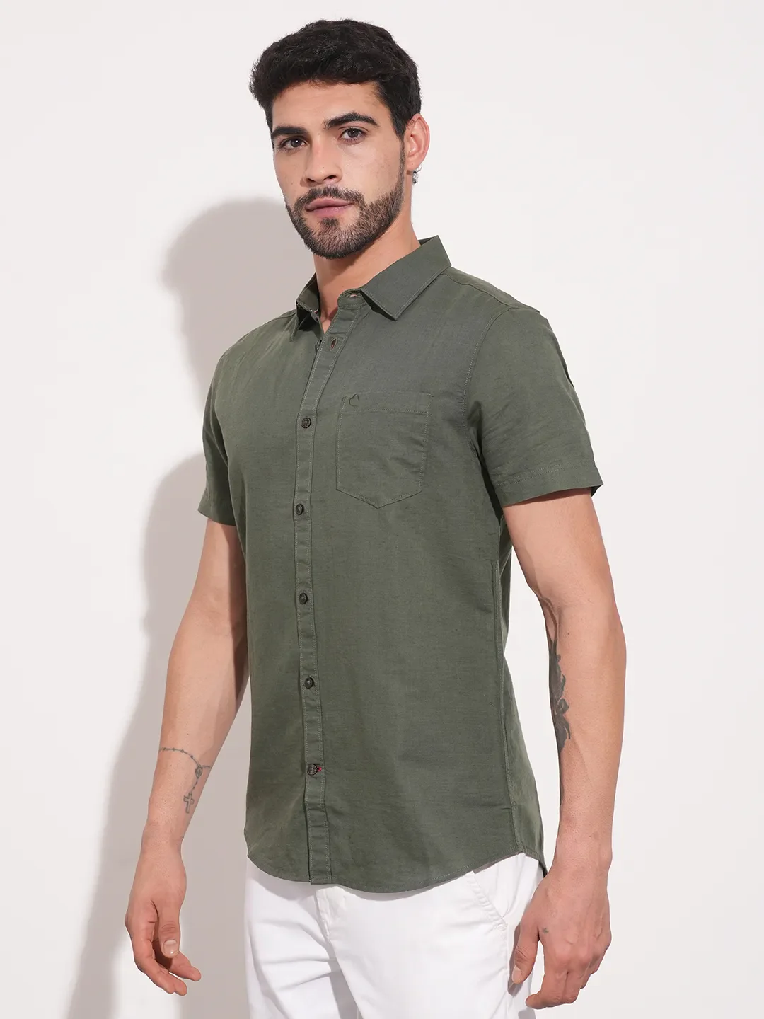 Olive Slim Straight Fit Regular Collar Short Sleeves Men's Shirt by Being Human Clothing - Image 4