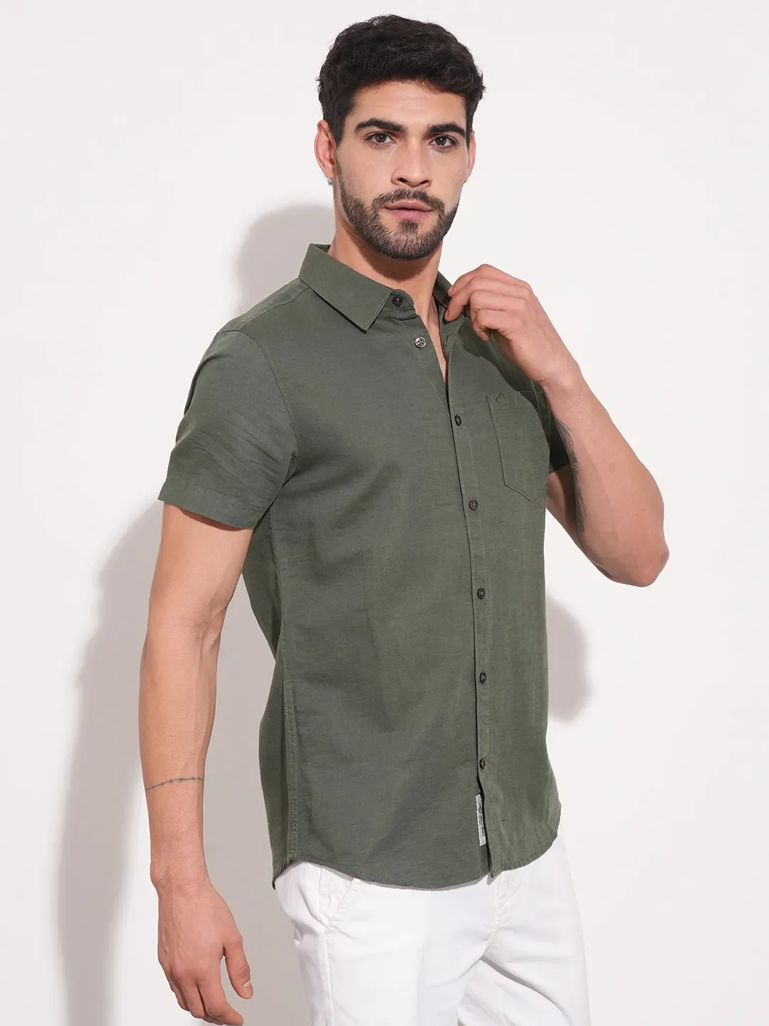 Olive Slim Straight Fit Regular Collar Short Sleeves Men's Shirt by Being Human Clothing - Image 7