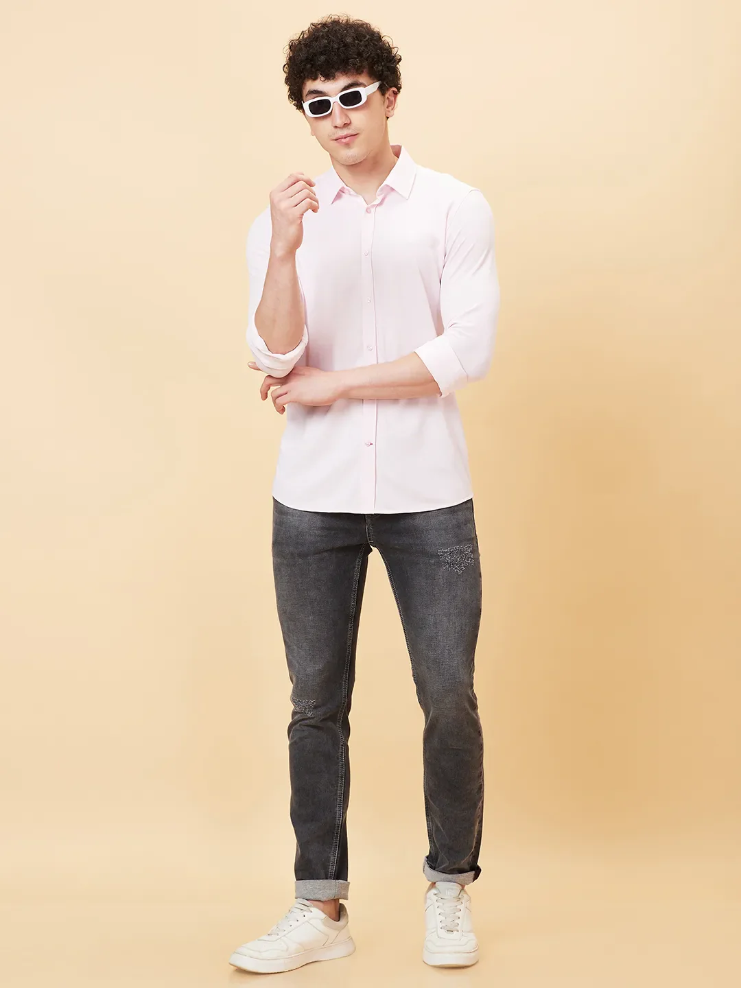 Powder Pink Slim Fit Regular Collar Men's Shirt by Being Human Clothing - Image 2