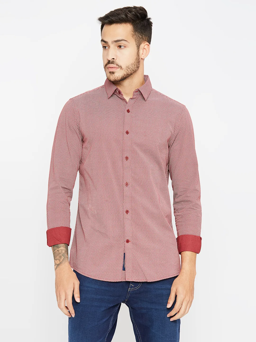 Red Slim Straight Fit Regular Collar Long Sleeves Men's Shirt by Being Human Clothing
