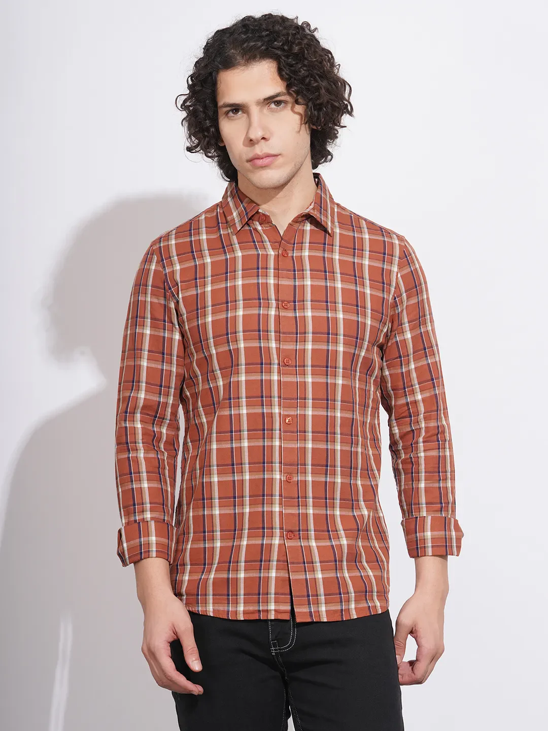Orange Slim Straight Fit Regular Collar Long Sleeves Men's Shirt by Being Human Clothing