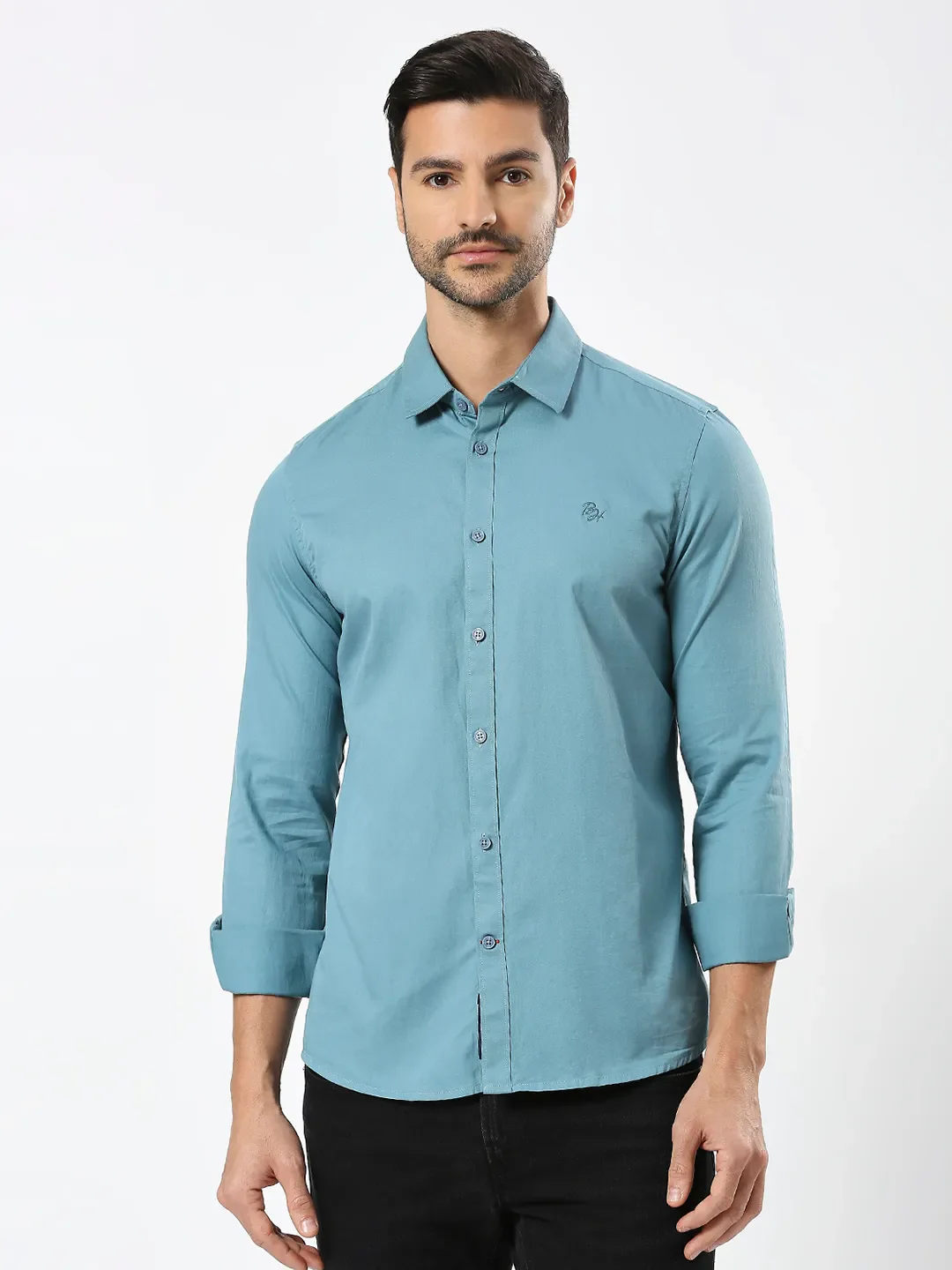 Green Slim Straight Fit Regular Collar Long Sleeves Men's Shirt by Being Human Clothing