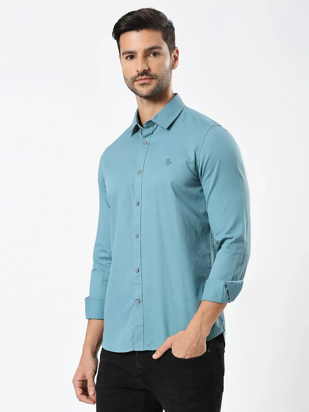 Green Slim Straight Fit Regular Collar Long Sleeves Men's Shirt by Being Human Clothing - Image 2