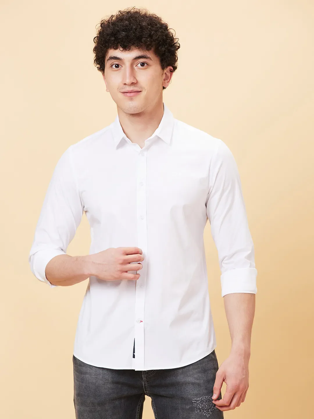 White Slim Straight Fit Regular Collar Long Sleeves Men's Shirt by Being Human Clothing