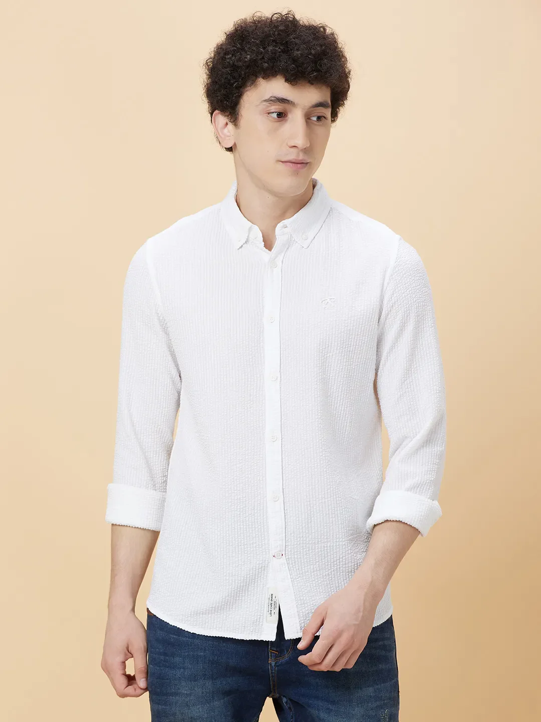 White Slim Straight Fit Regular Collar Long Sleeves Men's Shirt by Being Human Clothing