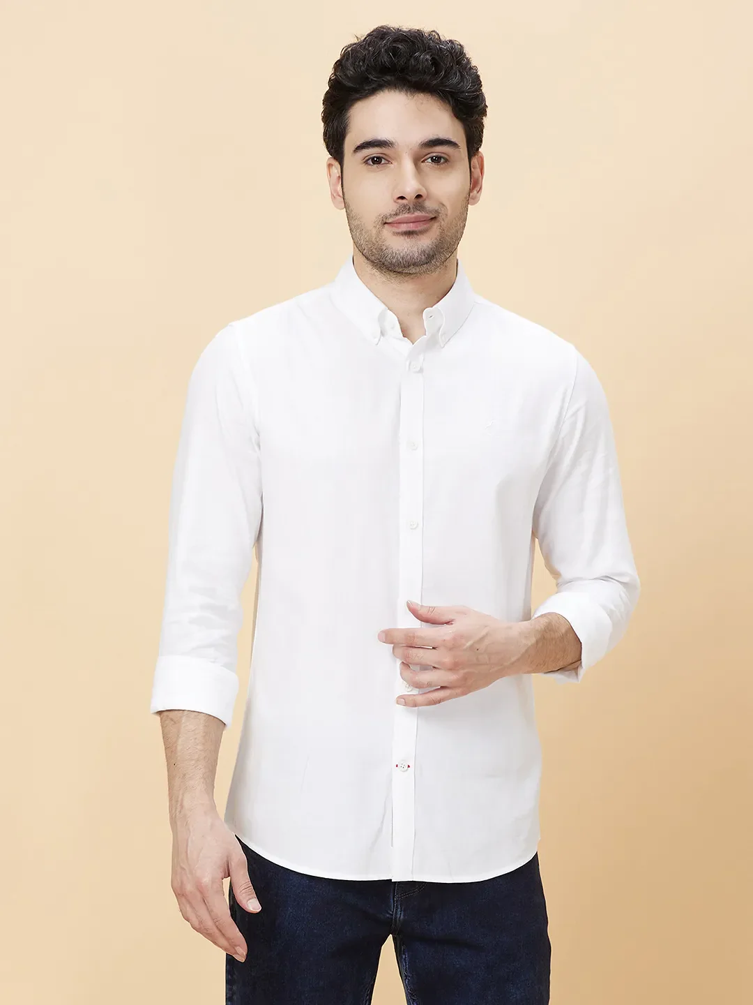 White Slim Straight Fit Regular Collar Long Sleeves Men's Shirt by Being Human Clothing