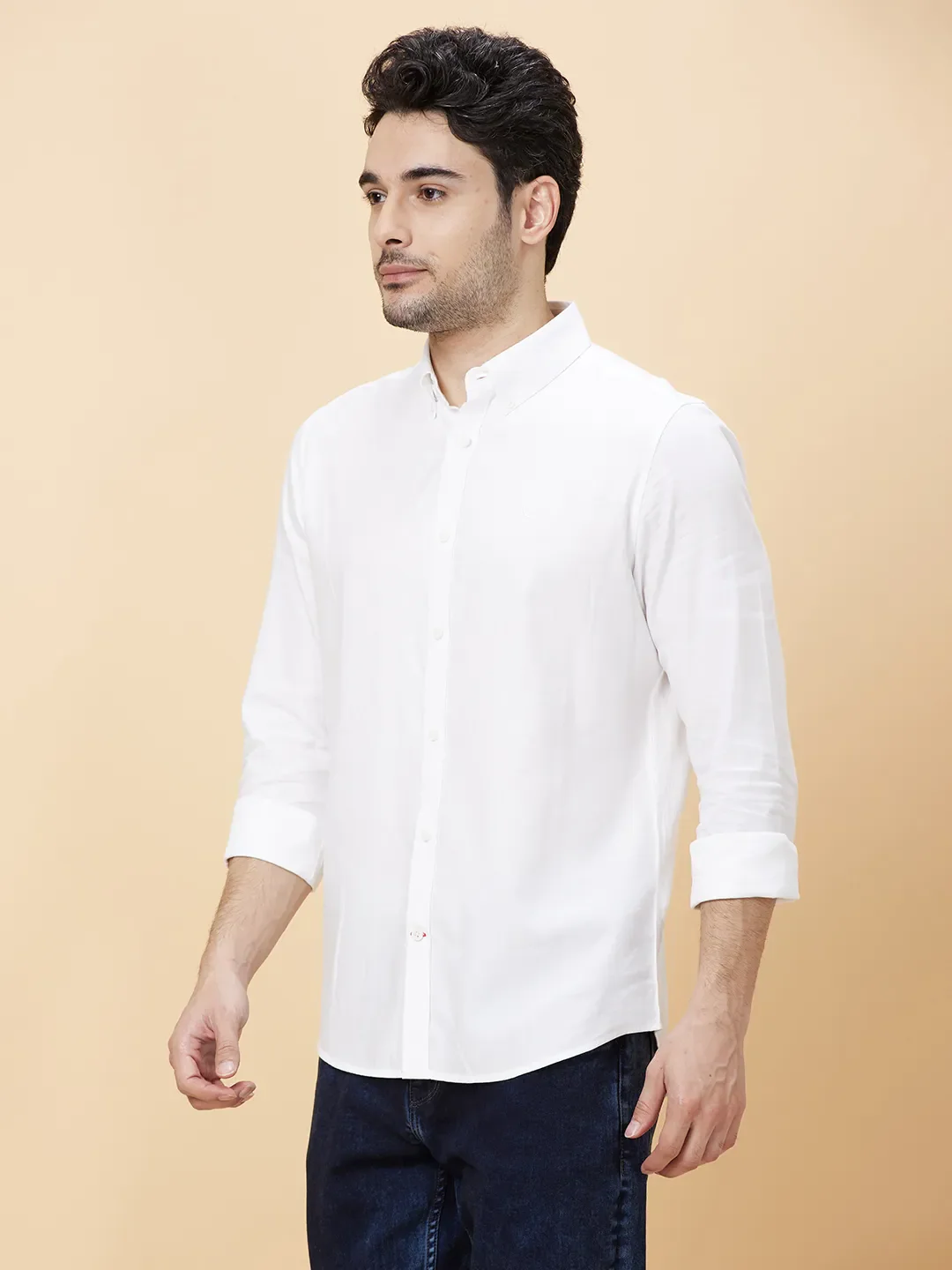 White Slim Straight Fit Regular Collar Long Sleeves Men's Shirt by Being Human Clothing - Image 3