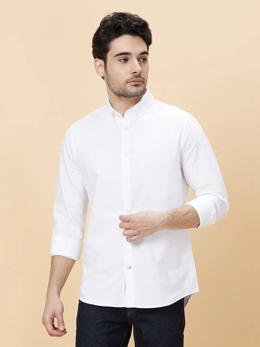 White Slim Straight Fit Regular Collar Long Sleeves Men's Shirt by Being Human Clothing