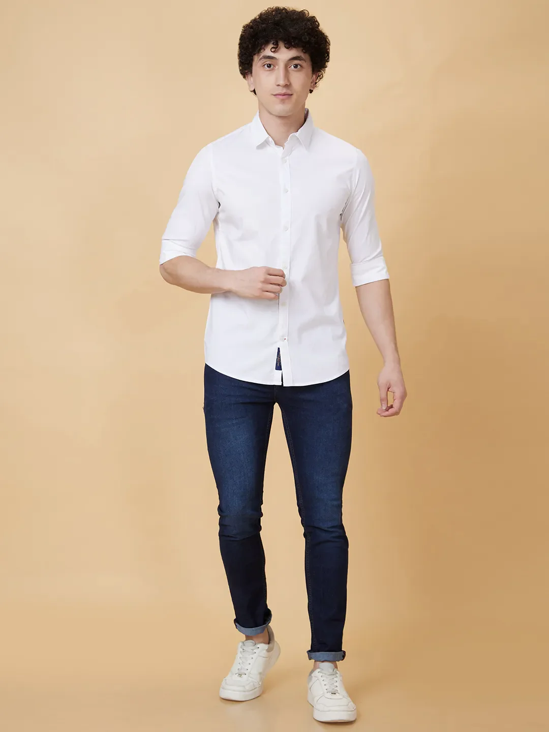White Slim Straight Fit Regular Collar Long Sleeves Men's Shirt by Being Human Clothing - Image 2