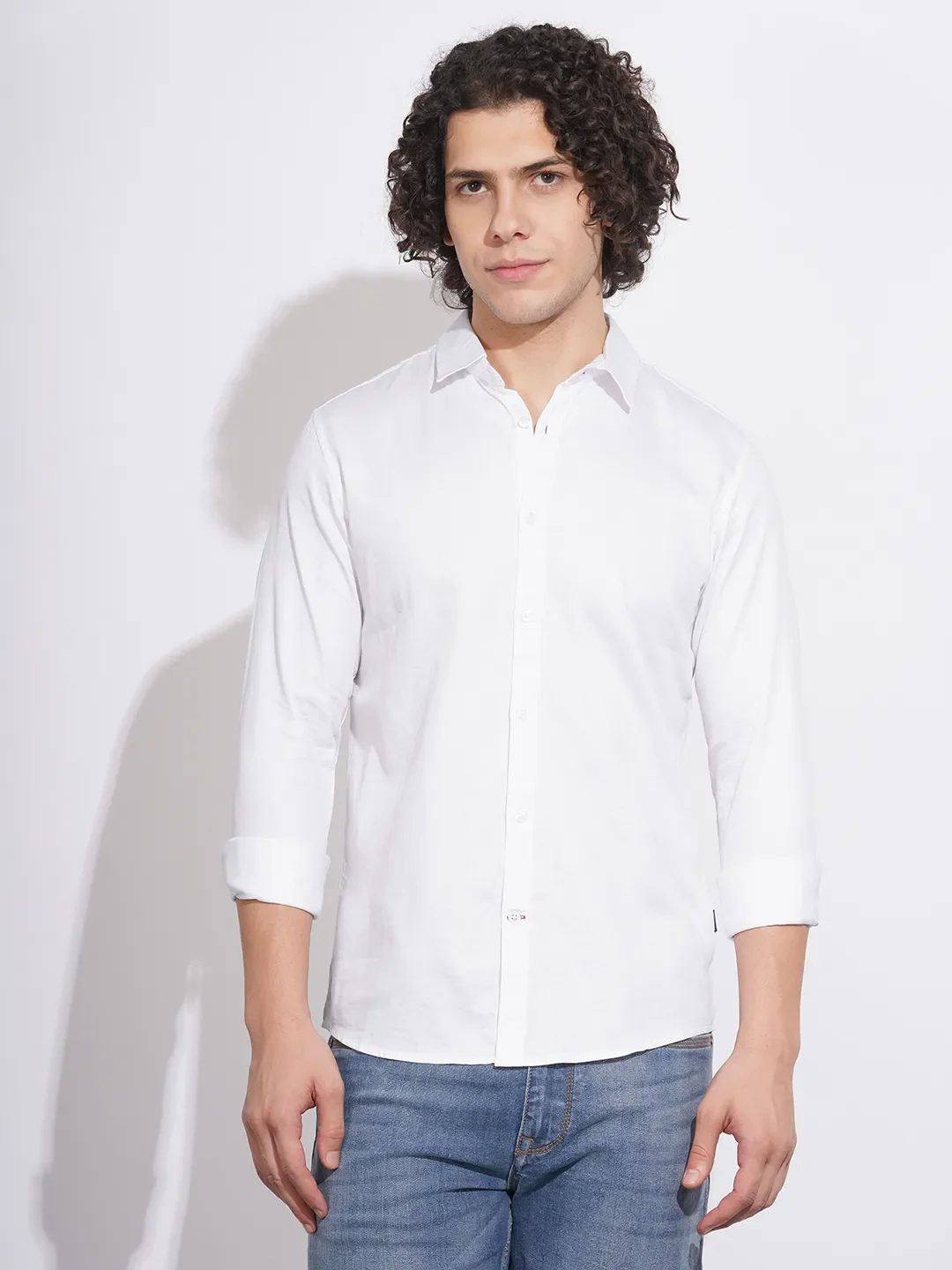 White Slim Straight Fit Regular Collar Long Sleeves Men's Shirt by Being Human Clothing